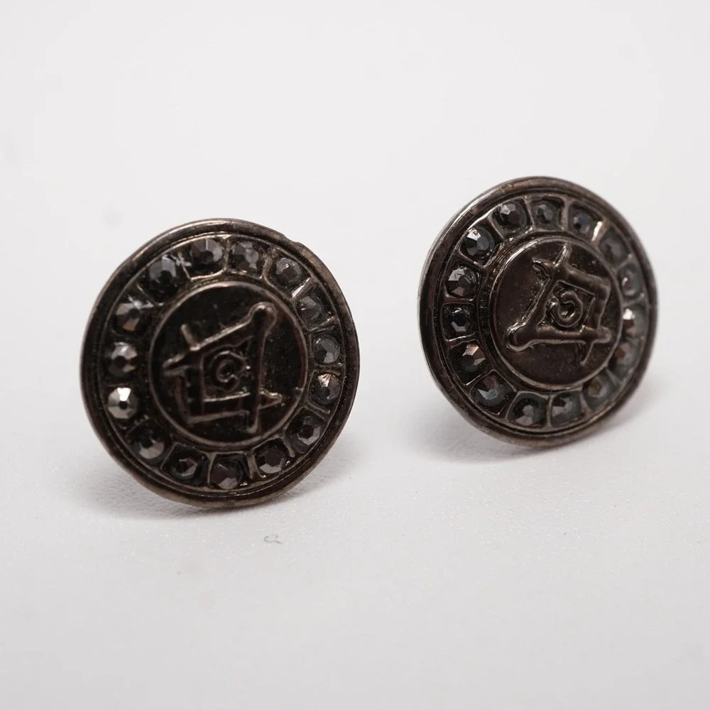 Masonic Square and Compasses Gunmetal Stud Earrings Hematite Rhinestone Circle
